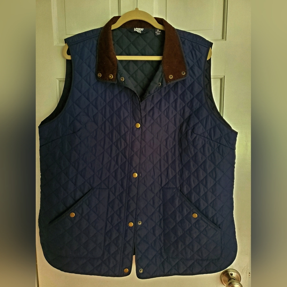 Lands' End Blue Quilted Vest with Brown Collar